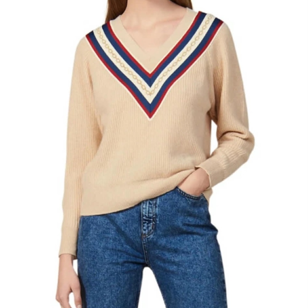 Sandro Beige V-Neck Sweater with Striped Accents